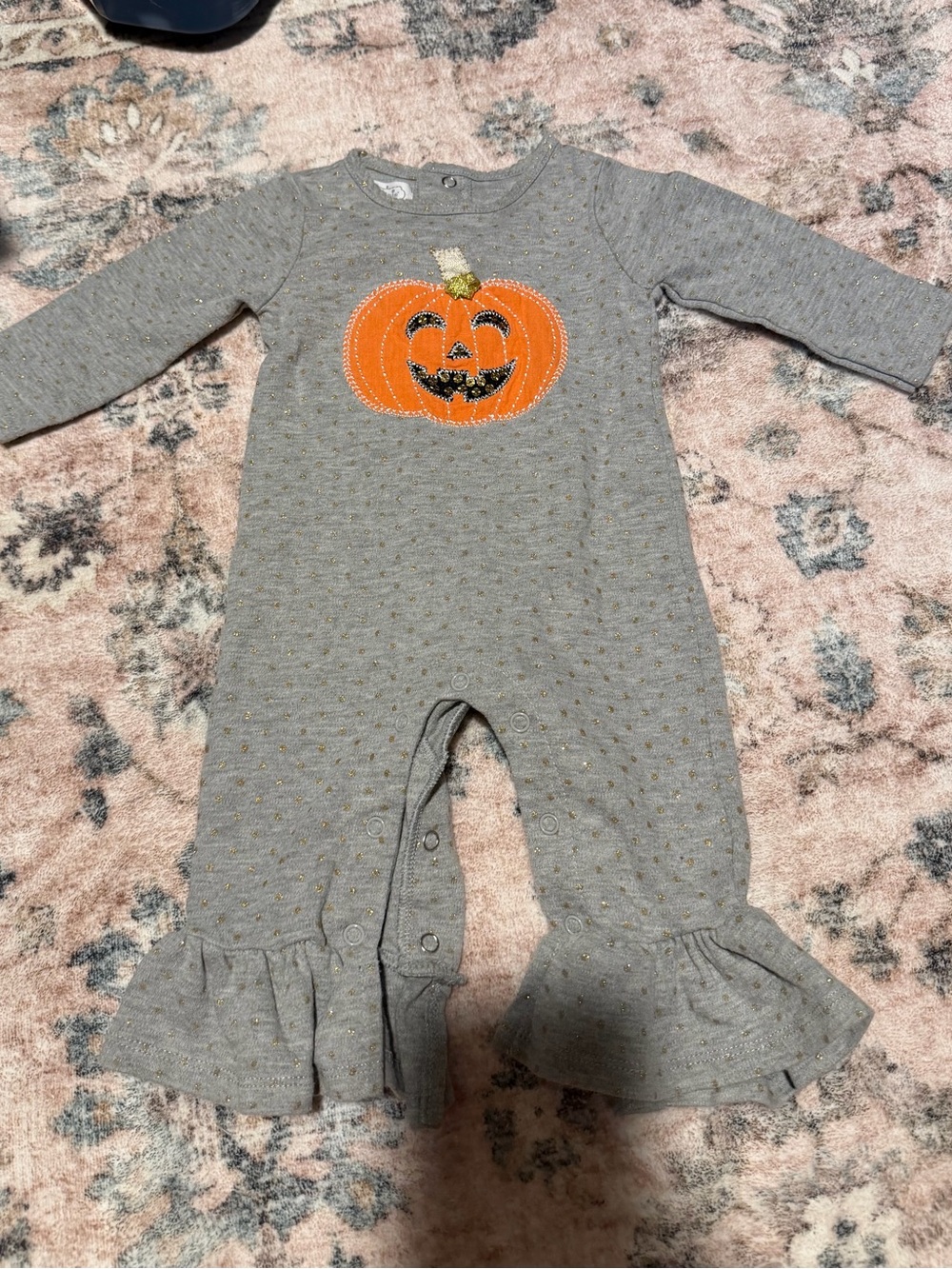 Mud Pie Gray Romper with Orange Pumpkin and Gold Dots